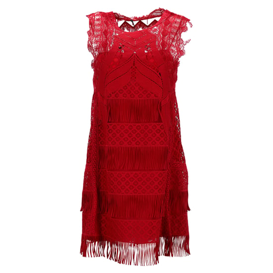 Alberta Ferretti mini-jurk met land- en franjedetails in rood acetaat. - Image 1