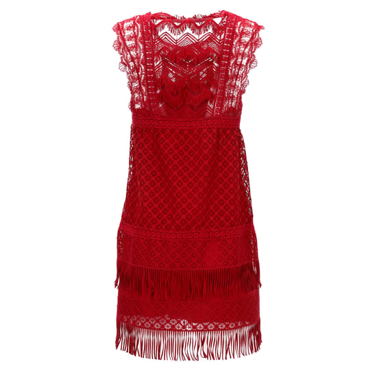 Alberta Ferretti mini-jurk met land- en franjedetails in rood acetaat. - Image 2