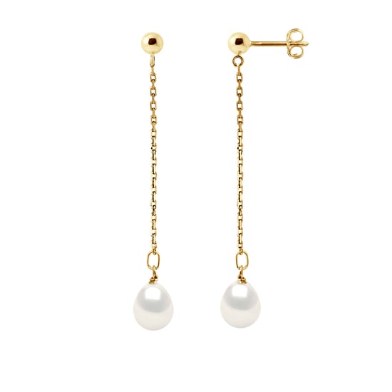 Bengelen oorbellen Gekweekte parels Zoetwater 7-8mm White Yellow Gold - Image 1