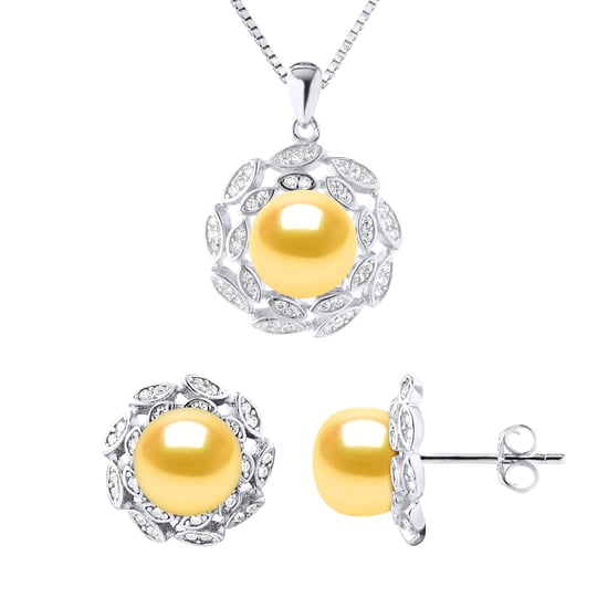 Versiering ketting en oorbellen FLOWER Zoet Water Beads Golden 9-10 mm 925 - Image 1