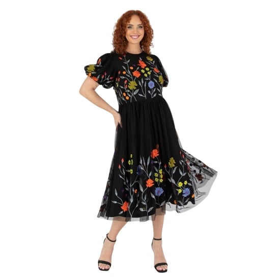 Maya Deluxe Midi-jurk voor dames met bloemenprint, ronde hals en pofmouwen (Zwart) - Image 1