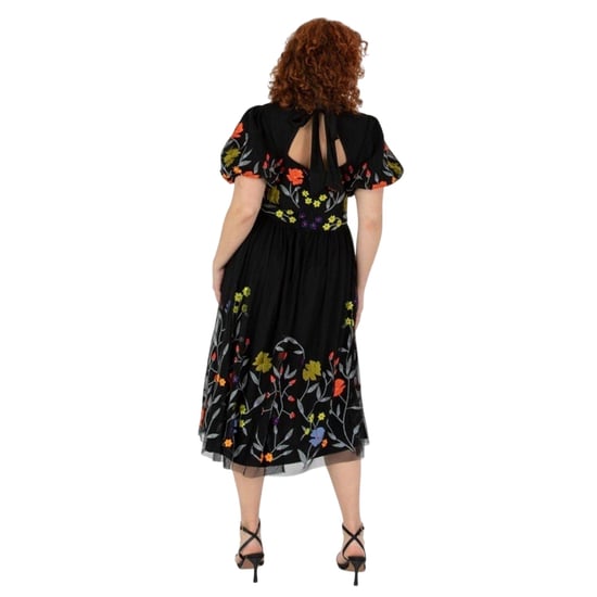 Maya Deluxe Midi-jurk voor dames met bloemenprint, ronde hals en pofmouwen (Zwart) - Image 2