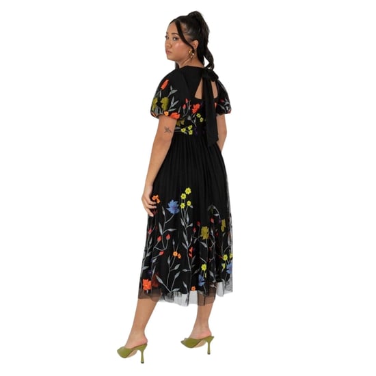 Maya Deluxe Midi-jurk voor dames met bloemenprint, ronde hals en pofmouwen (Zwart) - Image 3