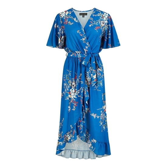 Mela London Damesjurk met bloemenprint, V-hals en golvende vouwdetails (Blauw) - Image 2