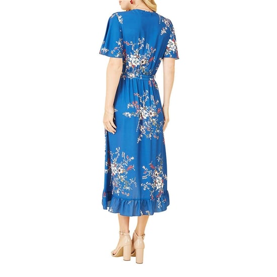 Mela London Damesjurk met bloemenprint, V-hals en golvende vouwdetails (Blauw) - Image 3
