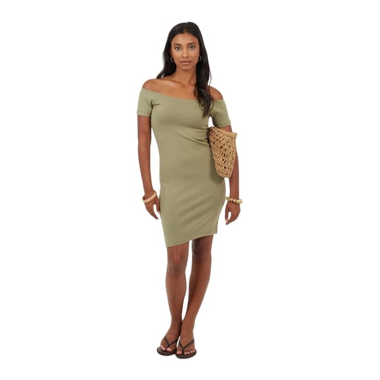 Brave Soul Dames Off Shoulder Korte Mouwen Bodycon Jurk (Khaki) - Image 1