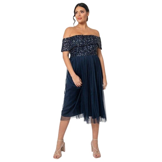 Maya Deluxe Dames/Maatschappij Sequin Bardot Korte Mouwen Midi Jurk (Marineblauw) - Image 4