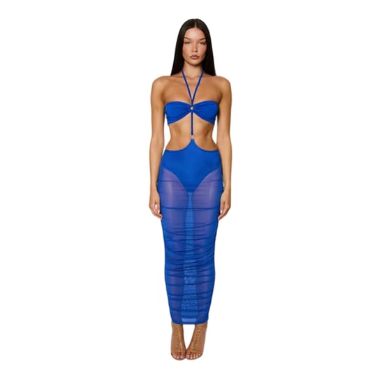 Honeyz Midi-jurk met halternek en mesh-details voor dames, met strakke pasvorm (Blauw) - Image 3