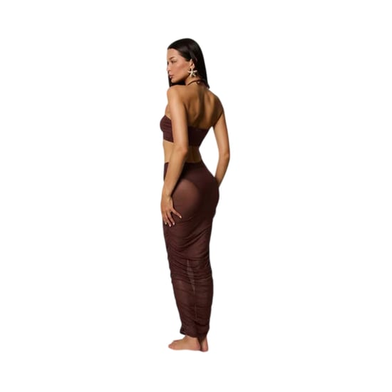 Honeyz Midi-jurk met halternek en mesh-details voor dames, met strakke pasvorm (Bruin) - Image 2
