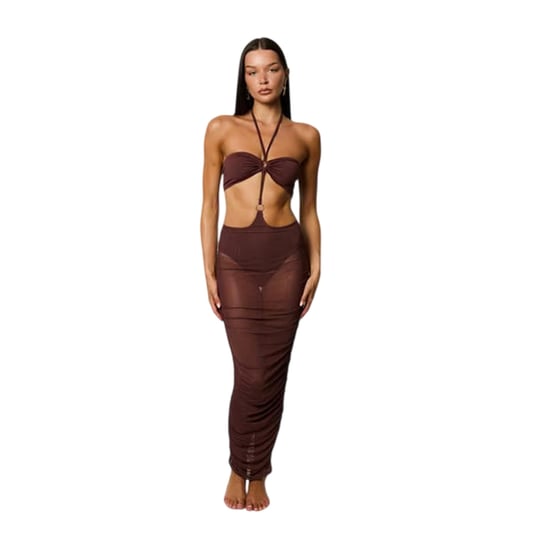 Honeyz Midi-jurk met halternek en mesh-details voor dames, met strakke pasvorm (Bruin) - Image 3