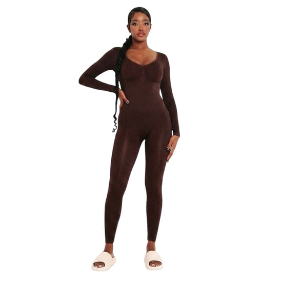 Missy Empire Damesjumpsuit met diep decolleté, strakke pasvorm en lange mouwen (Chocolade) - Image 1