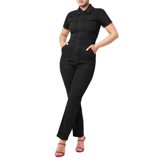Good American Dames/Dames Denim Verstelbare Taille Jumpsuit met Korte Mouwen (Zwart) - Image 3