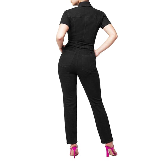 Good American Dames/Dames Denim Verstelbare Taille Jumpsuit met Korte Mouwen (Zwart) - Image 4