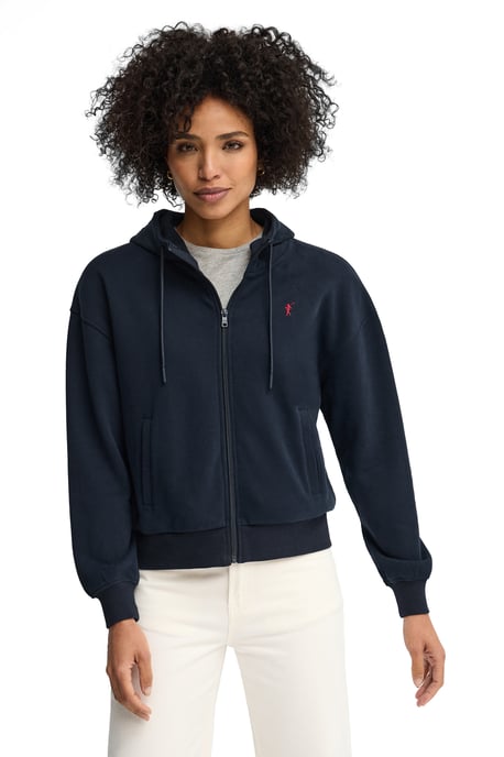 Marineblauwe hoodie met ritssluiting en geborduurd Rigby Go-logo - Image 1