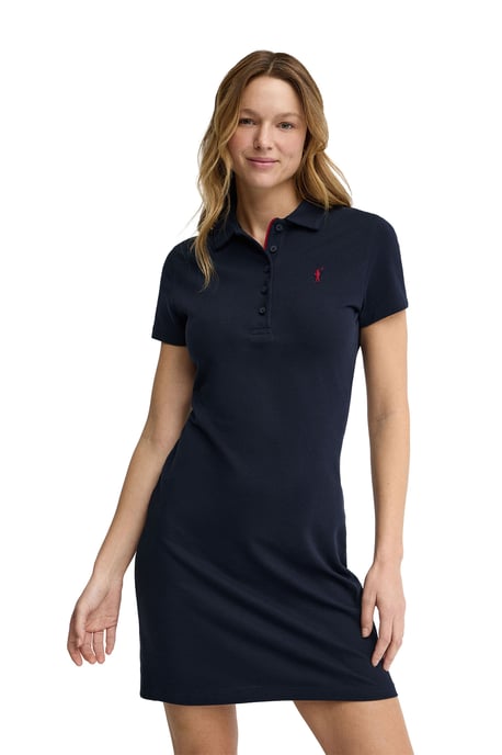 Marineblauwe korte jurk met korte mouwen, polokraag en Rigby Go-logo - Image 1