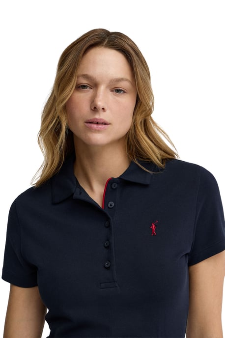 Marineblauwe korte jurk met korte mouwen, polokraag en Rigby Go-logo - Image 2