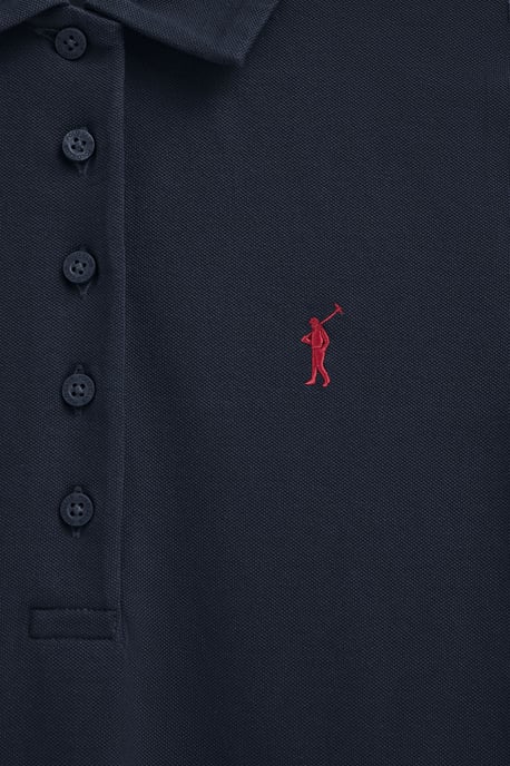 Marineblauwe korte jurk met korte mouwen, polokraag en Rigby Go-logo - Image 5