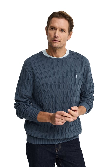 Denimblauwe kabeltrui met Rigby Go-logo - Image 1