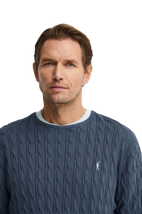 Denimblauwe kabeltrui met Rigby Go-logo - Image 2