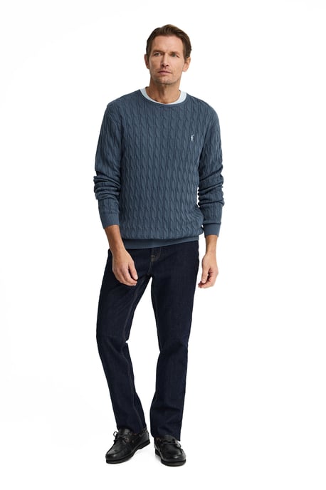 Denimblauwe kabeltrui met Rigby Go-logo - Image 4