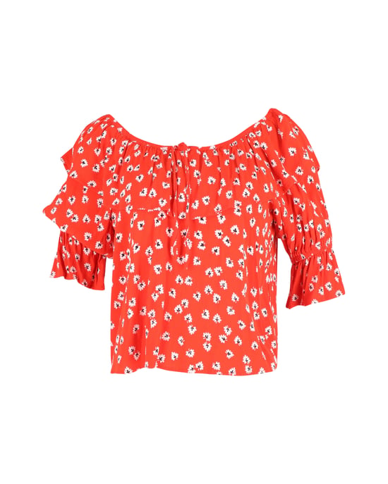 Ganni zilverkleurige off-shoulder top met bloemenprint in rode viscose - Image 1