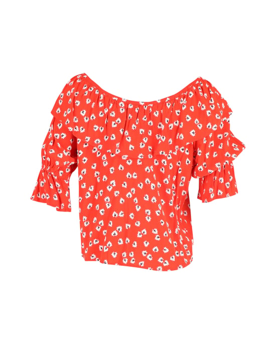 Ganni zilverkleurige off-shoulder top met bloemenprint in rode viscose - Image 3