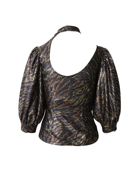 Ganni top met tijgerprint, pofmouwen en lurex gebreide stof in meerdere kleuren, polyester - Image 3