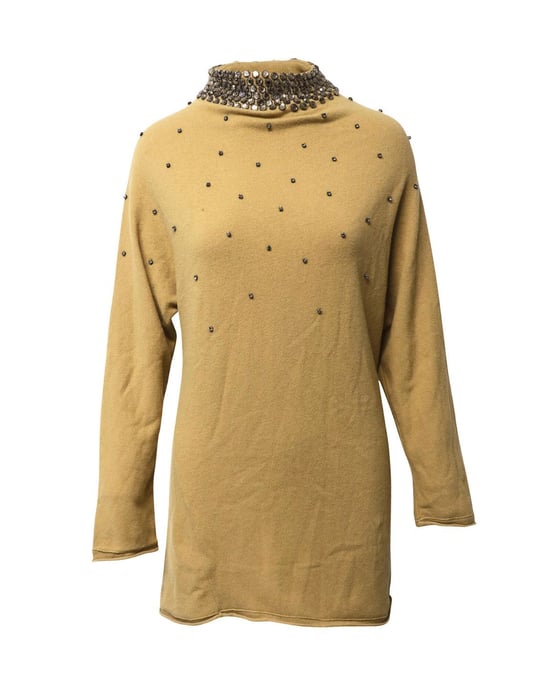 Valentino Garavani gebreide jurk met kristallen versieringen in bruine camelkleurige wol. - Image 1