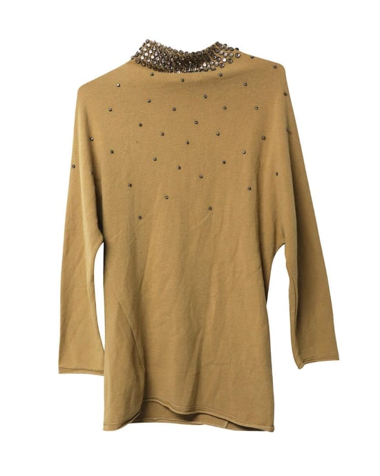 Valentino Garavani gebreide jurk met kristallen versieringen in bruine camelkleurige wol. - Image 4