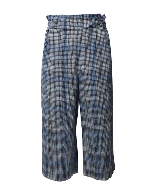 Ganni seersucker cropped broek met wijde pijpen en ruitpatroon in blauw biologisch katoen - Image 1