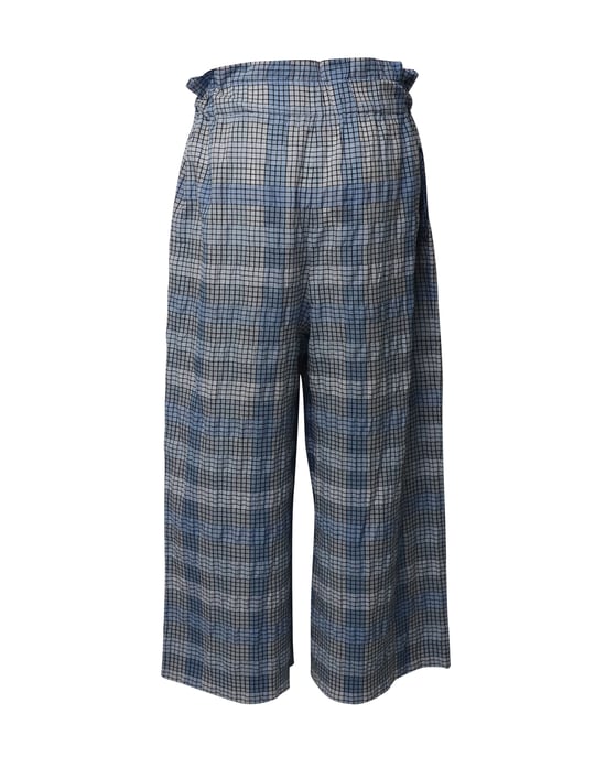 Ganni seersucker cropped broek met wijde pijpen en ruitpatroon in blauw biologisch katoen - Image 2