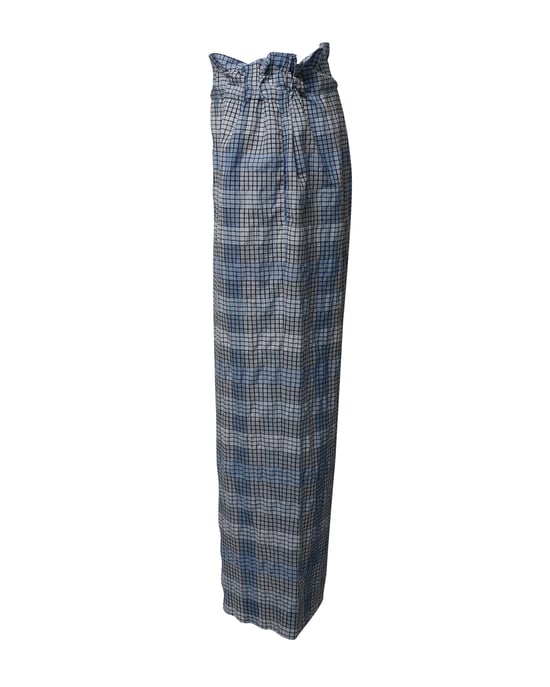 Ganni seersucker cropped broek met wijde pijpen en ruitpatroon in blauw biologisch katoen - Image 3