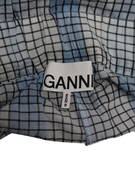 Ganni seersucker cropped broek met wijde pijpen en ruitpatroon in blauw biologisch katoen - Image 6