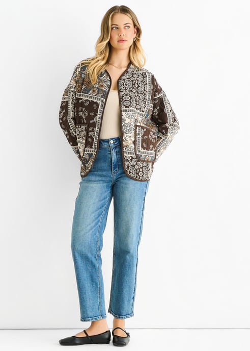 Lichtgewicht gewatteerd jasje van viscose met chocoladekleurig paisley-tegelpatroon - Image 1