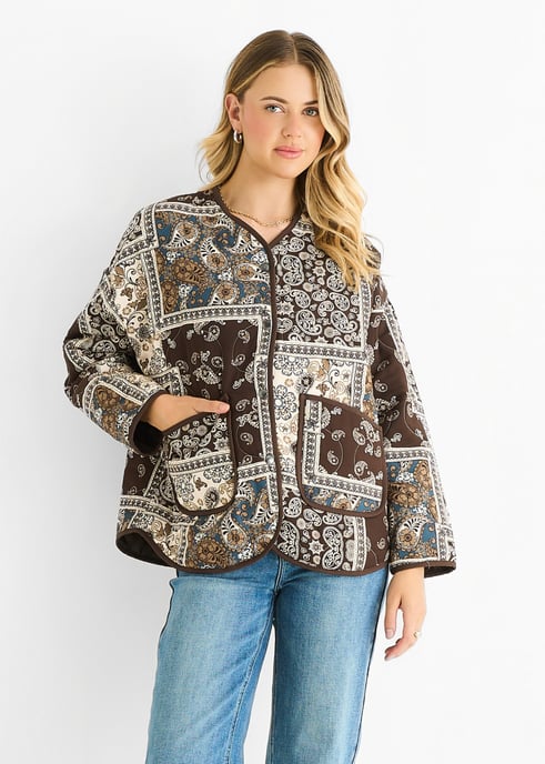 Lichtgewicht gewatteerd jasje van viscose met chocoladekleurig paisley-tegelpatroon - Image 2