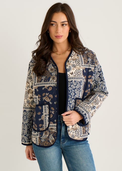 Lichtgewicht gewatteerd jasje van viscose met marineblauwe paisley-tegelprint - Image 2