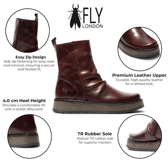 Fly London Dames Wijn Leren Rits Platform Enkellaarzen - RENO053FLY - Image 2