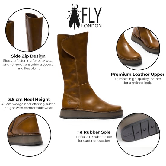 Fly London Dames Tan Leren High Pull On lange laarzen - RHEA042 - Image 2