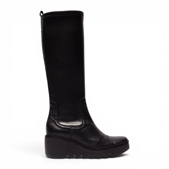 Fly London Dames Zwarte Leren Hoge Wighak Lange Laarzen - BUDI603 - Image 1