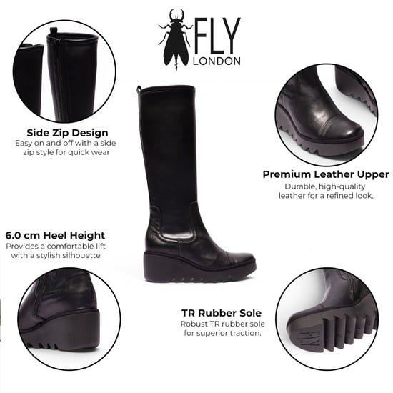 Fly London Dames Zwarte Leren Hoge Wighak Lange Laarzen - BUDI603 - Image 2