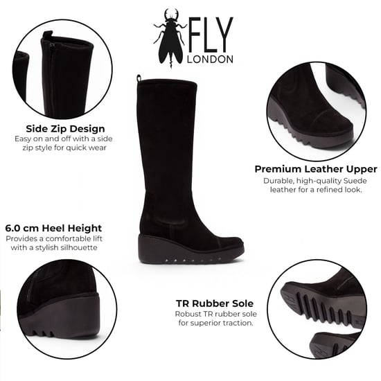 Fly London Dames Zwarte Suède Leren Hoge Wighak Lange Laarzen - BUDI603 - Image 2
