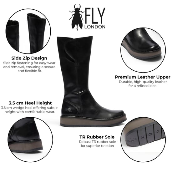 Fly London Dames Zwarte Leren High Pull On lange laarzen - RHEA042 - Image 2