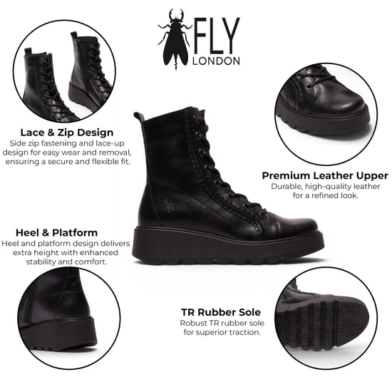 Fly London dames zwarte leren veterschoenen met wedge-hiel gevechtslaarzen - TERY554 - Image 2