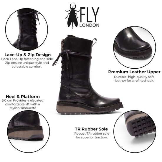 Fly London dames zwarte leren lange laarzen tot midden op de kuit - HEIG229 - Image 2