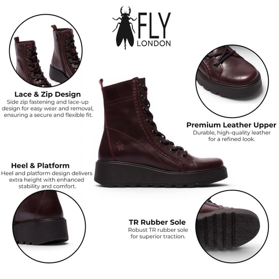 Fly London Dames Wijn Leren Veterhout Wighak Gevechtslaarzen - TERY554 - Image 2