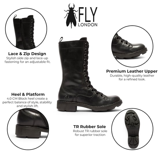 Fly London Women's Black Leather Strike-Up Combat Ankle Boots - NOLE176 - Image 2