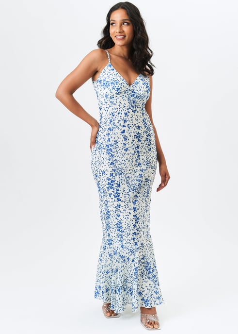 Ivoorwitte maxi-jurk met bandjes van chiffon met Dobby-patroon en bloemenprint - Image 1