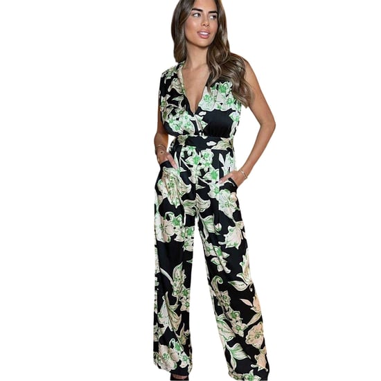 AX Paris Dames Bloemen V-hals Mouwloze Jumpsuit (Zwart/Groen) - Image 1