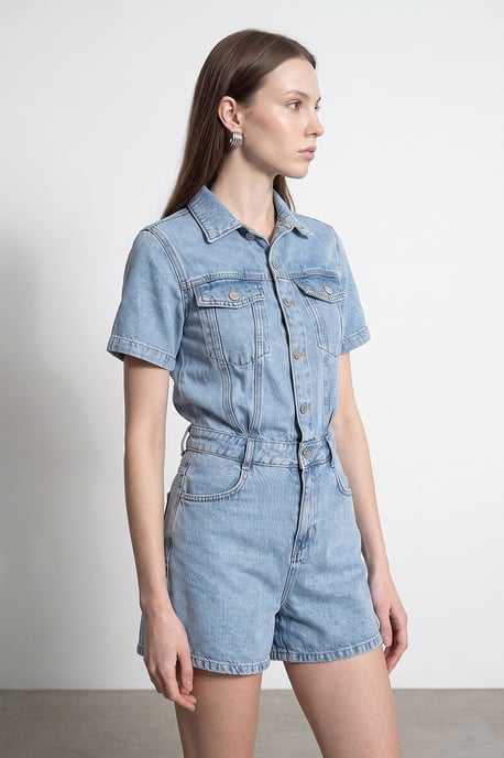 Denim Dungaree Shorts Met Kraag - Image 3