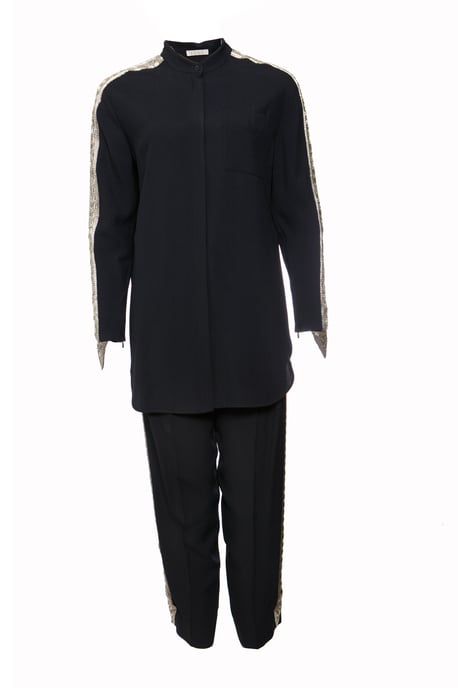 Chloe, Dark blue trousers (36/XS) and blouse (38/S) with silver embroidery along the sleeves and legs. - Image 1